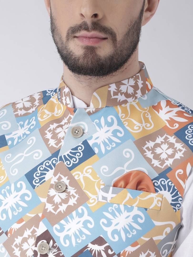 Men's Multicoloured 
Cotton Blend
 Printed Nehru Jackets